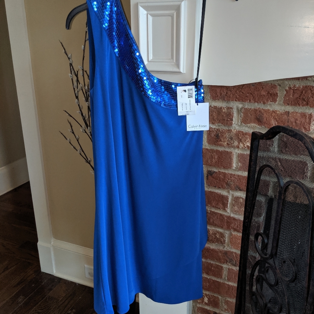Blue cocktail off the shoulder dress